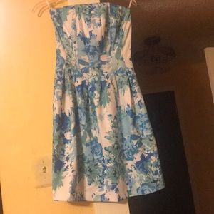 Blue and white floral print strapless dress